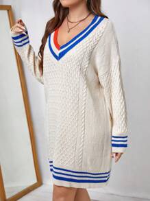 SHEIN Unity Plus Striped Trim Drop Shoulder Cricket Sweater Dress - Multicolor - View 4