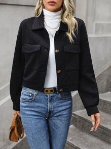 SHEIN Clasi 翻蓋口袋落肩袖衍縫夾克 - 黑色 - 查看 1
