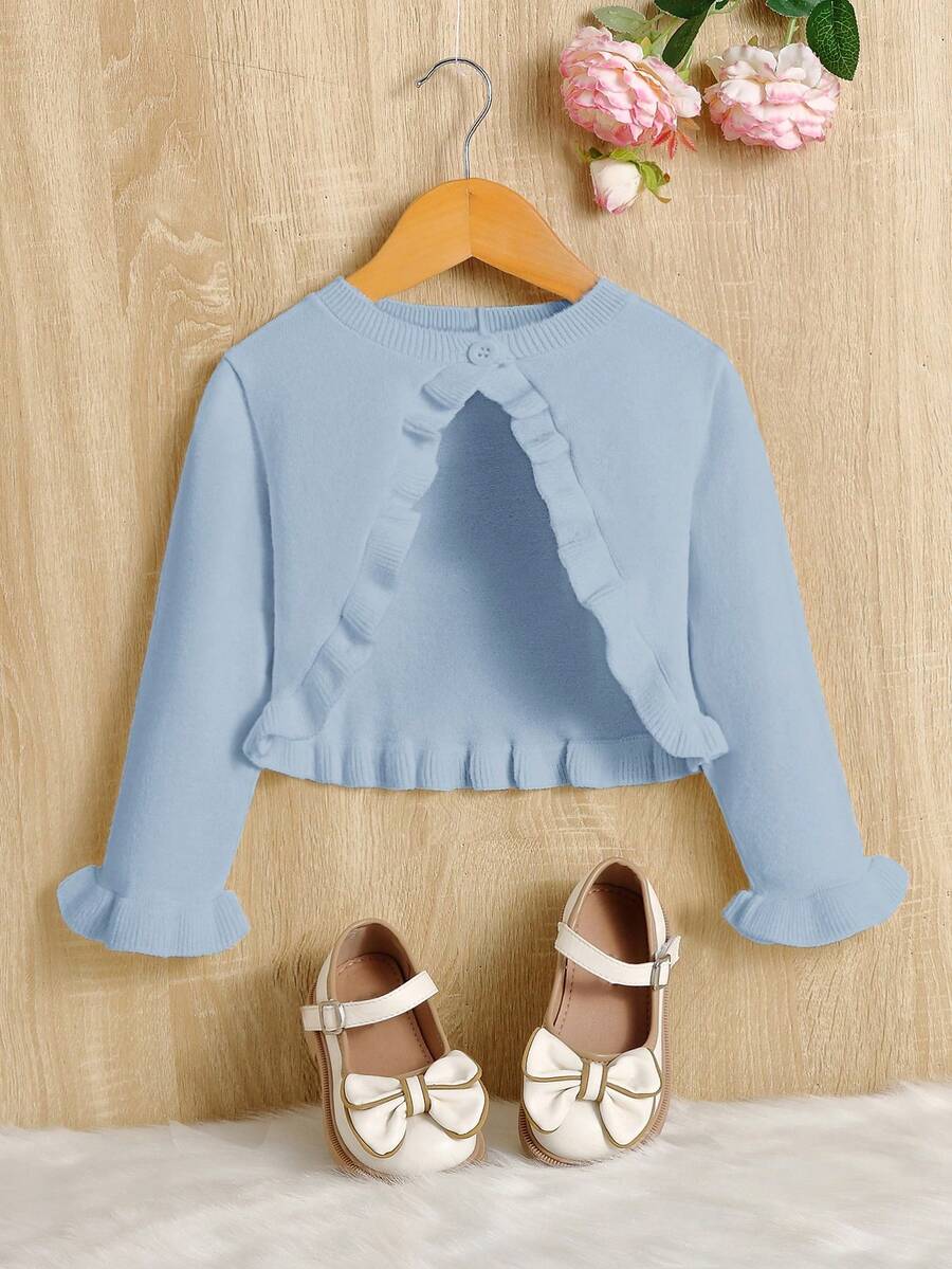 SHEIN Cô Gái Trẻ Tay áo loe Lá sen tỉa Hem cao thấp Áo len Mở - Màu xanh lam - Xem 1