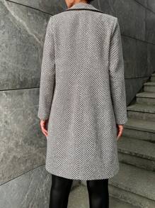 EURMUSE Herringbone Pattern Double Breasted Overcoat - Coffee Brown - View 3