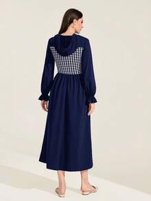 Mulvari 拼接千鳥格印花喇叭袖抽繩連帽洋裝 - 藏蓝色 - 查看 2