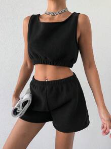 RueChic Solid Crop Tank Top & Shorts Lounge Set - Black and White - View 1