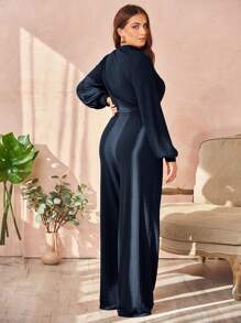 SHEIN Essnce Hơn Cổ giả Tay áo lồng đèn Top Cây trồng & Quần ống rộng - Màu xanh hải quân - Xem 5