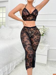 Floral Lace Halter Lingerie Set - Black - View 7