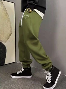 Manfinity Nam Đồ họa Chữ cái Eo dây rút Quần thể thao - xanh quân đội - Xem 2