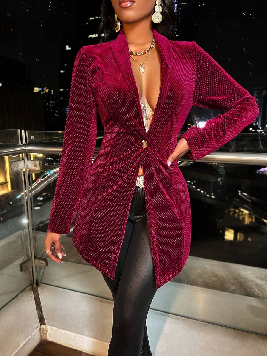 Zolique Shawl Collar Single Button Blazer - Burgundy - View 1