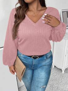 Calvaya Plus V Neck Lantern Sleeve Tee - Pink - View 5