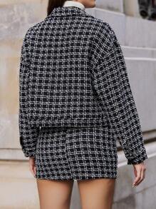 RueChic Plaid Pattern Drop Shoulder Tweed Jacket & Skirt - Black and White - View 2