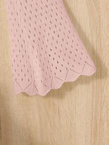 SHEIN 女大童前繫帶喇叭袖貝殼邊網眼針織短款開衫 - 粉色 - 查看 3