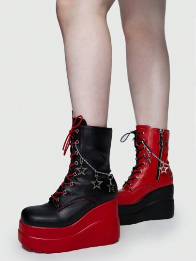 ROMWE Avant Women Two Tone Star Chain Decor Lace up Front Costume Wedge Boots Cool Outdoor Fashion Boots SHEIN