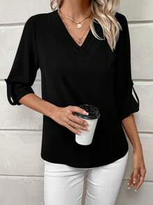 EMERY ROSE Solid Roll Up Sleeve V Neck Blouse - Black - View 4