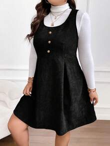 SHEIN Franclia 大碼前紐扣燈芯絨背帶洋裝無毛衣 - 黑色 - 查看 5