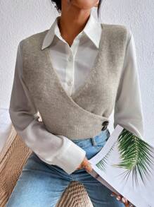 SHEIN LUNE 1pc Button Detail Wrap Sweater Vest - Khaki - View 1