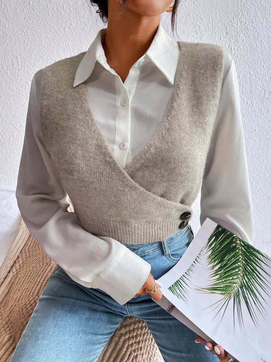 SHEIN LUNE 1pc Button Detail Wrap Sweater Vest - Khaki - View 1