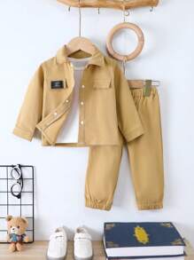 Baby Boy Letter Patched Flap Detail Shirt & Pants Without Tee - Khaki - View 1