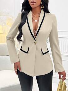 SHEIN Slayr 撞色滾邊單釦西裝外套 - 杏色 - 查看 1