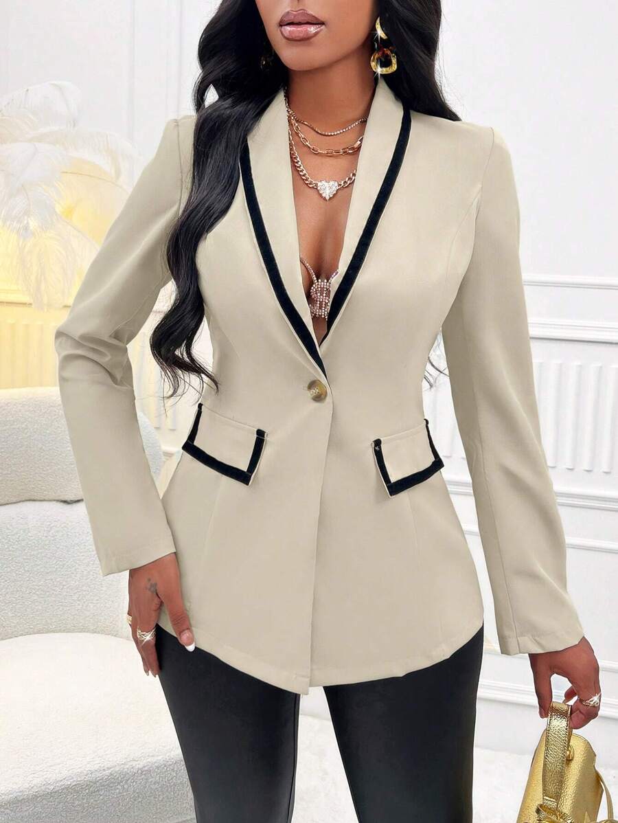 SHEIN Slayr 撞色滾邊單釦西裝外套 - 杏色 - 查看 1