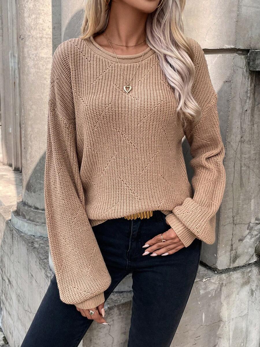 SHEIN Frenchy 素色落肩袖套頭毛衣 - 卡其色 - 查看 1