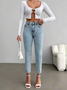 SHEIN Cottnline Ripped Tapered Jeans - Light Wash - View 4