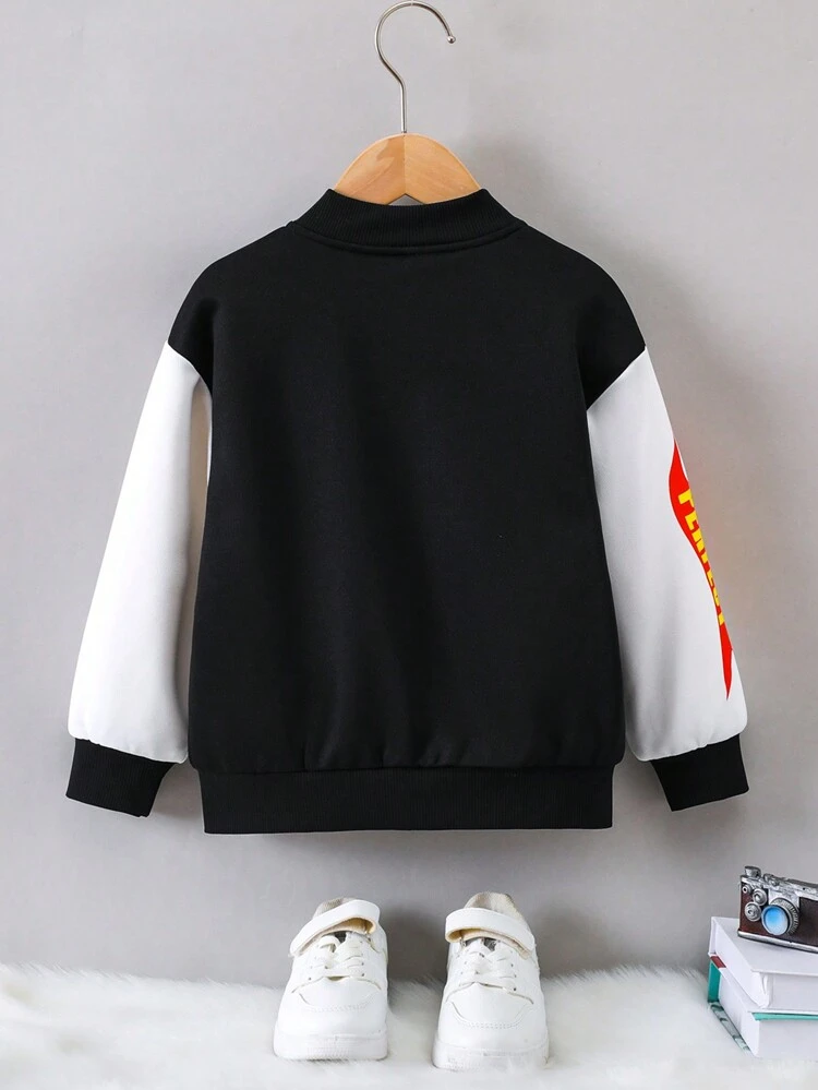 Young Boy Letter Graphic Colorblock Fuzzy Lined Coat