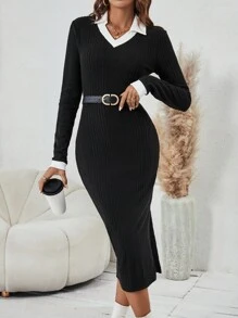 SHEIN Essnce Viền tương phản Tách đùi Đồ đan Ribbed Đầm Không có thắt lưng - màu đen - Xem 5