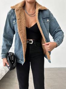 SHEIN Cottnline Flap Pocket Teddy Lined Denim Jacket - Blue - View 4