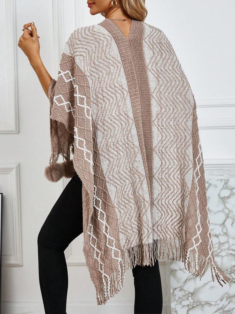 Geo Pattern Colorblock Pom Pom Decor Fringe Trim Batwing Sleeve Cardigan