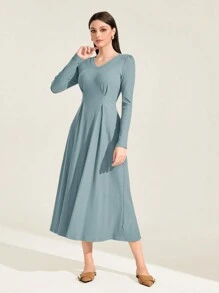 Mulvari Solid Plicated Detail Puff Sleeve A-line Dress - Dusty Blue - View 3