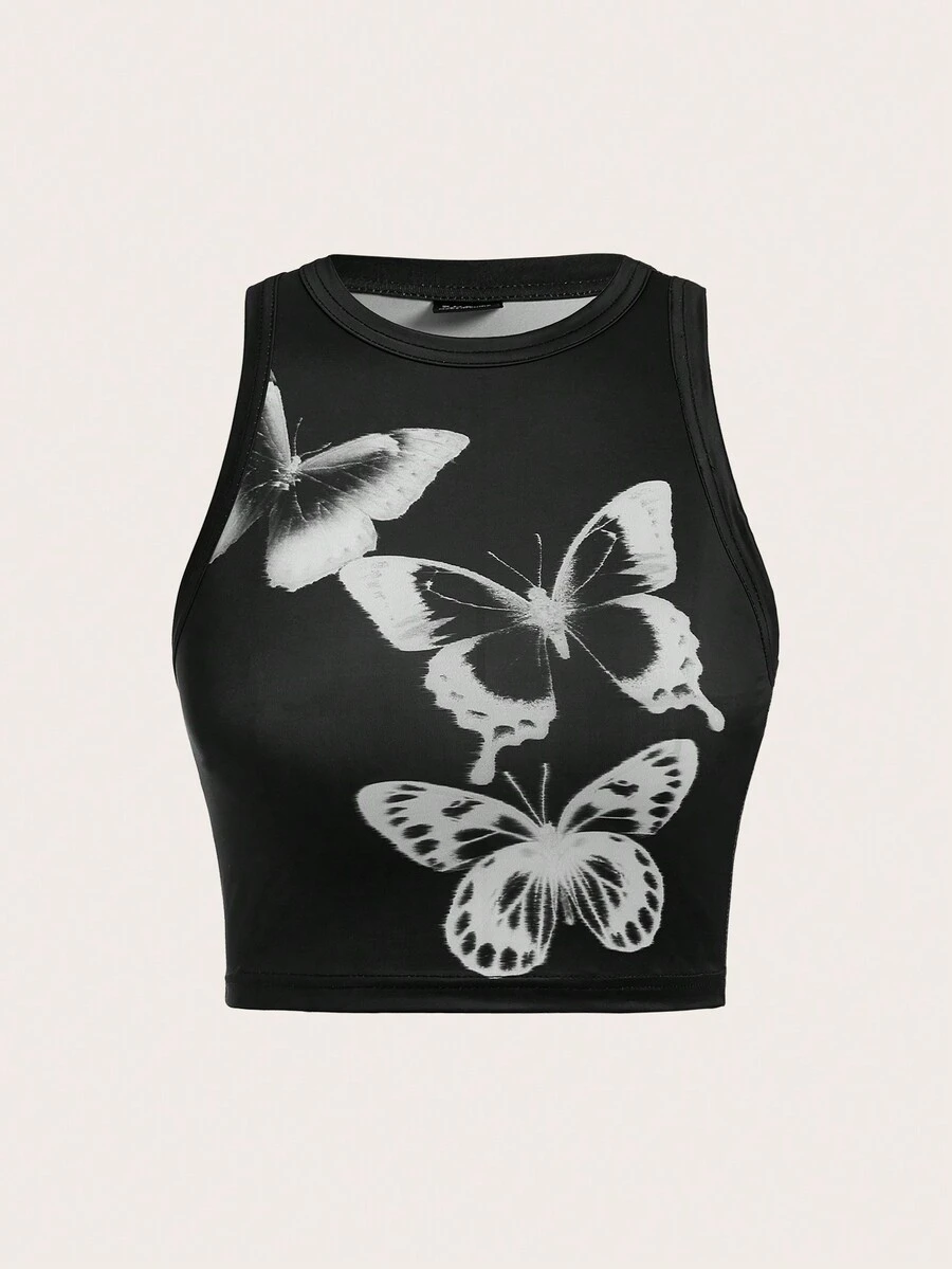 SHEIN EZwear Butterfly Print Crop Tank Top - Black - View 1