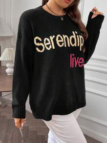 Flirla Plus Letter Pattern Drop Shoulder Sweater Knit Pullover Fall Winter Sweater - Black - View 3