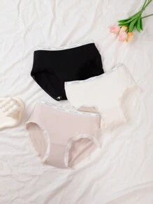 Teen Girl 3pcs Lace Trim Ribbed Knit Contrast Lace Brief - Multicolor - View 1