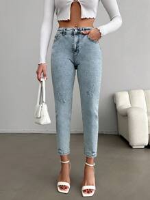 SHEIN Cottnline Ripped Tapered Jeans - Light Wash - View 1
