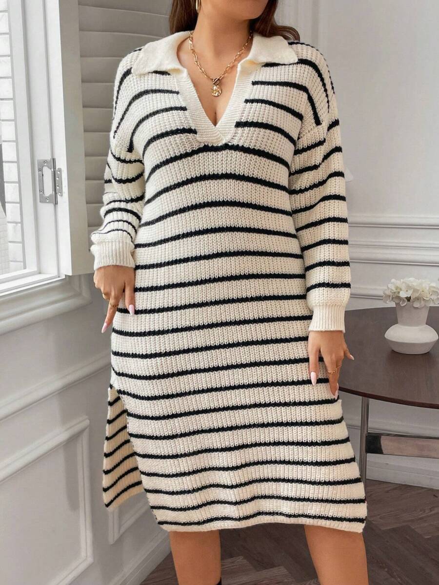 Flirla Plus Striped Pattern Drop Shoulder Split Thigh Sweater Dress - Black and White - View 1
