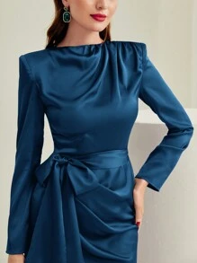 Modelyn Solid Belted Satin Dress Long Evening Dresses - Navy Blue - View 3