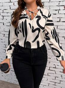 SHEIN Franclia Plus Graphic Print Tie Neck Blouse