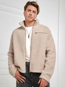 SHEIN Cottnline Men Zip Up Teddy Jacket - Apricot - View 3