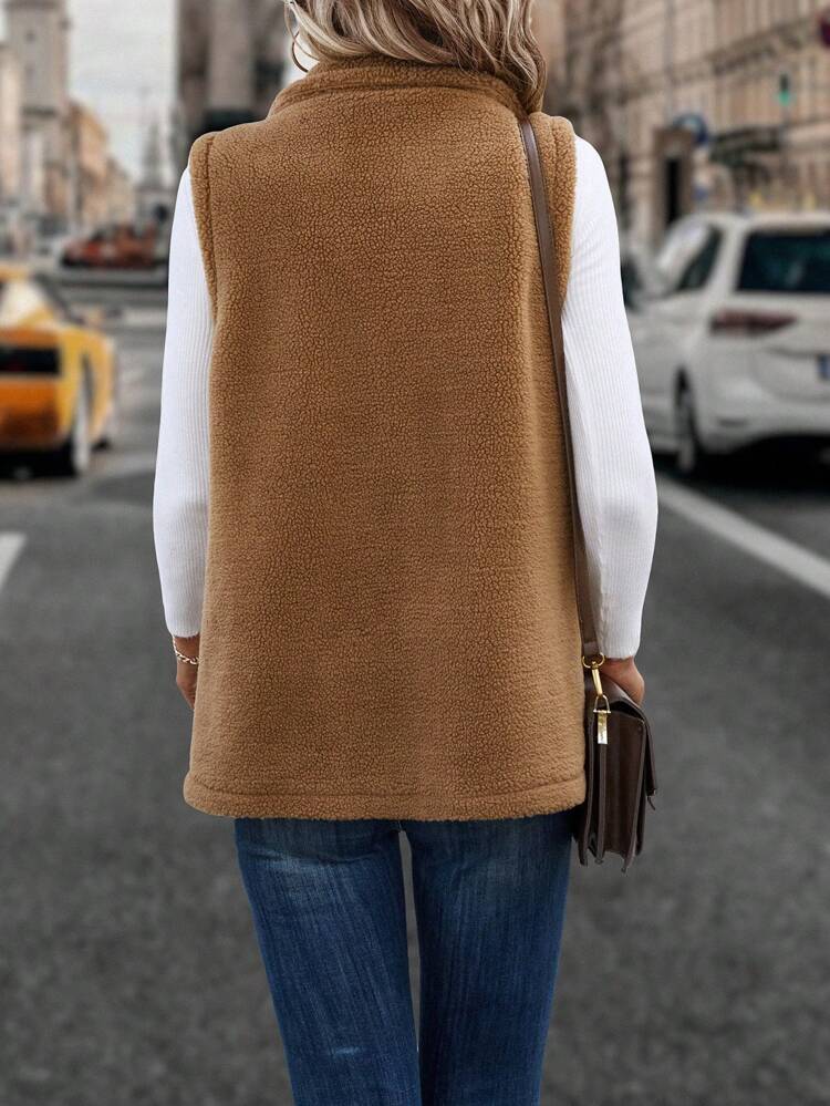 Lapel Neck Slant Pocket Teddy Vest Coat