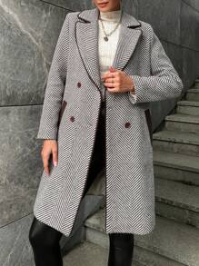 EURMUSE Herringbone Pattern Double Breasted Overcoat - Coffee Brown - View 4