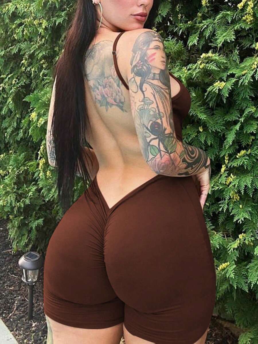 Solid Ruched Backless Cami Unitard Romper - Coffee Brown - View 1