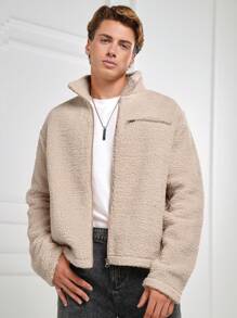 SHEIN Cottnline Men Zip Up Teddy Jacket - Apricot - View 7