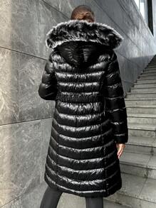 RueChic Fuzzy Trim Hooded Puffer Coat - Black - View 2