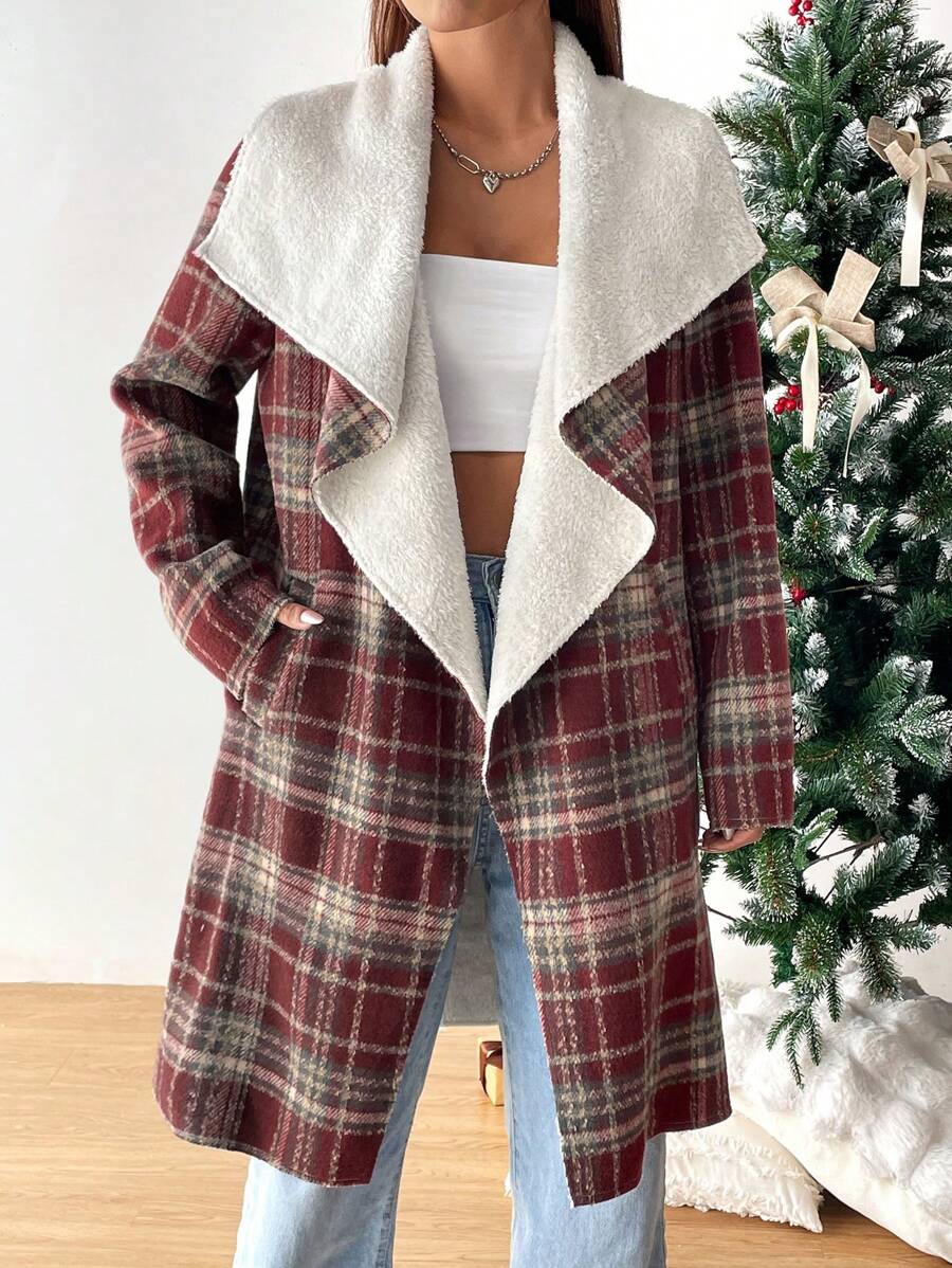 SHEIN EZwear Plaid Print Waterfall Collar Teddy Lined Coat - Red - View 1