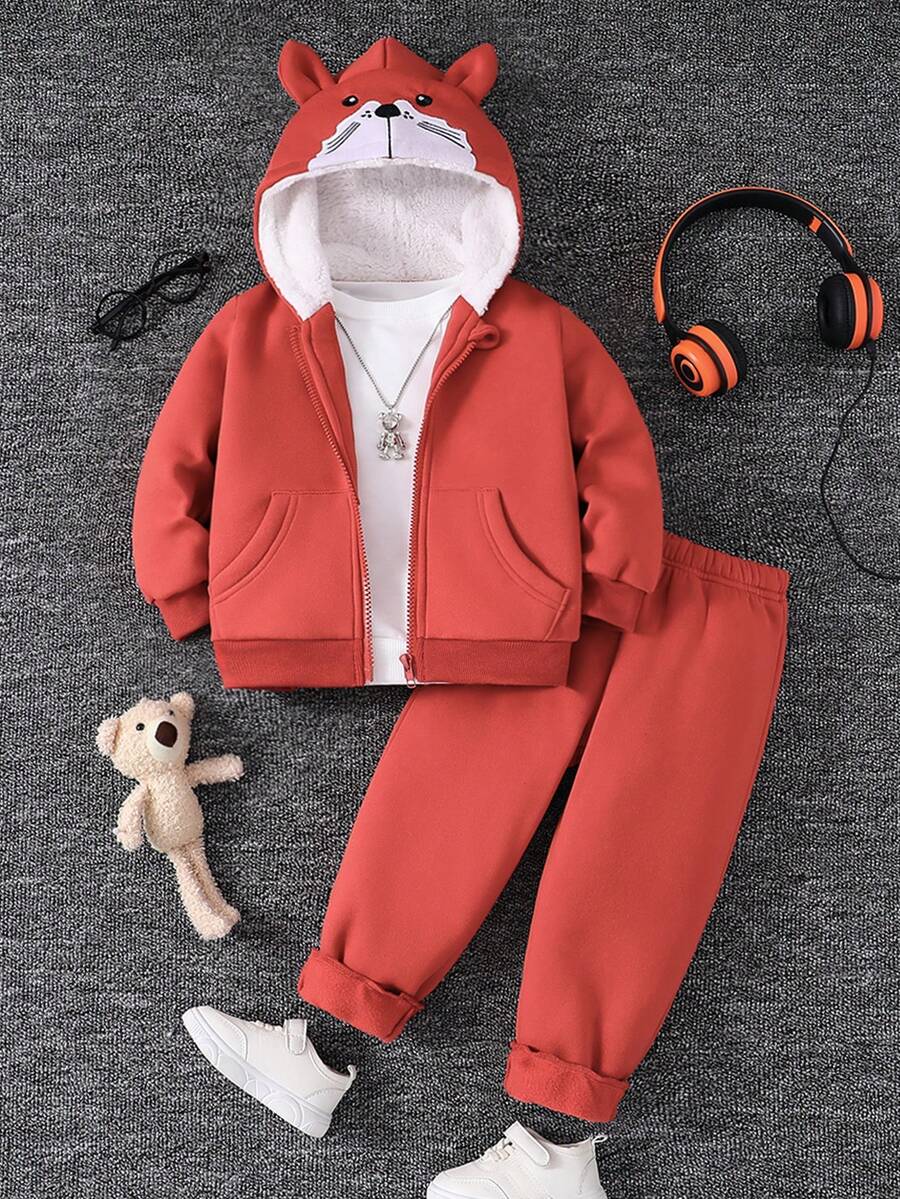 Young Boy 3D Ear Design Zip Up Thermal Lined Hoodie & Sweatpants - Brown - View 1