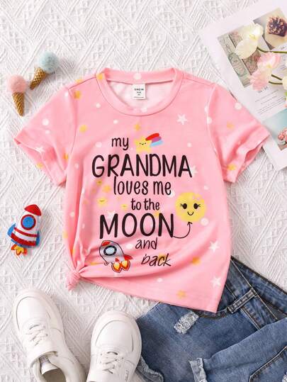SHEIN Genkimix Kids Young Girl Cute Fun Letter Rocket Smiling Face Print Casual Comfortable Daily Round Neck Short Sleeve T-Shirt, Summer