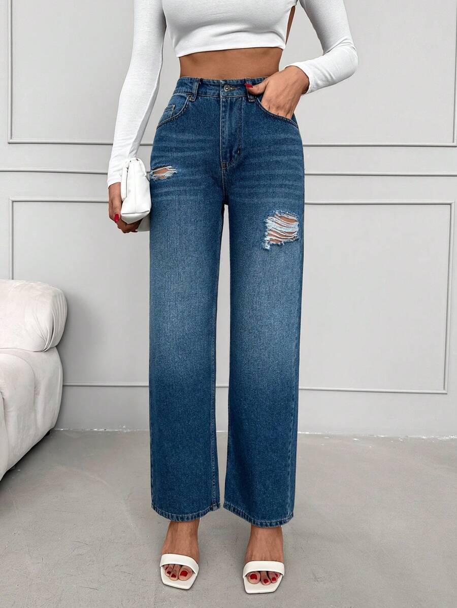 High Waist Ripped Straight Leg Jeans