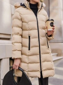 EURMUSE Zip Up Fuzzy Trim Hooded Puffer Coat - Beige - View 4