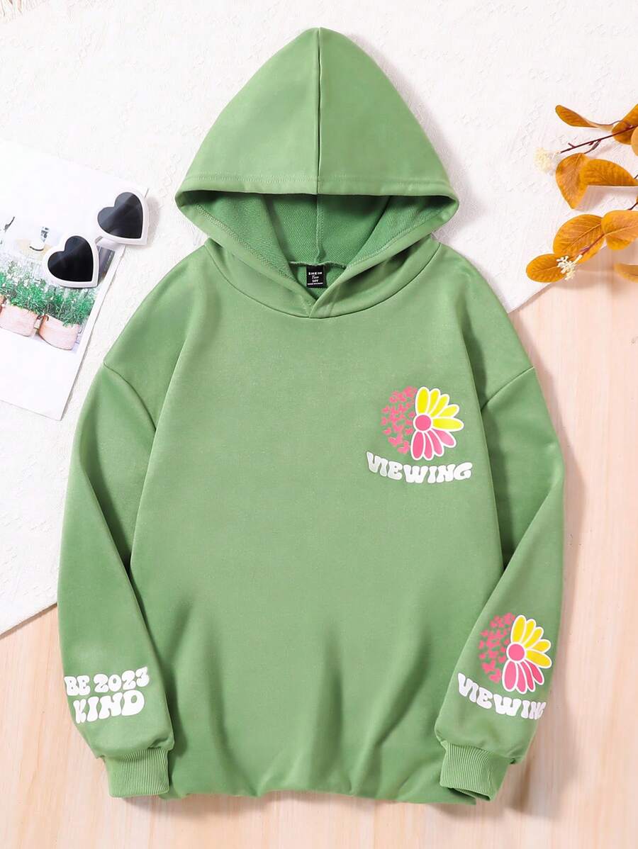 青少年女孩字母和花卉圖案落肩袖連帽衫