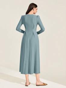 Mulvari Solid Plicated Detail Puff Sleeve A-line Dress - Dusty Blue - View 2