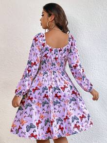 Flirla Plus Butterfly Print Knot Front Lantern Sleeve Dress - Multicolor - View 2