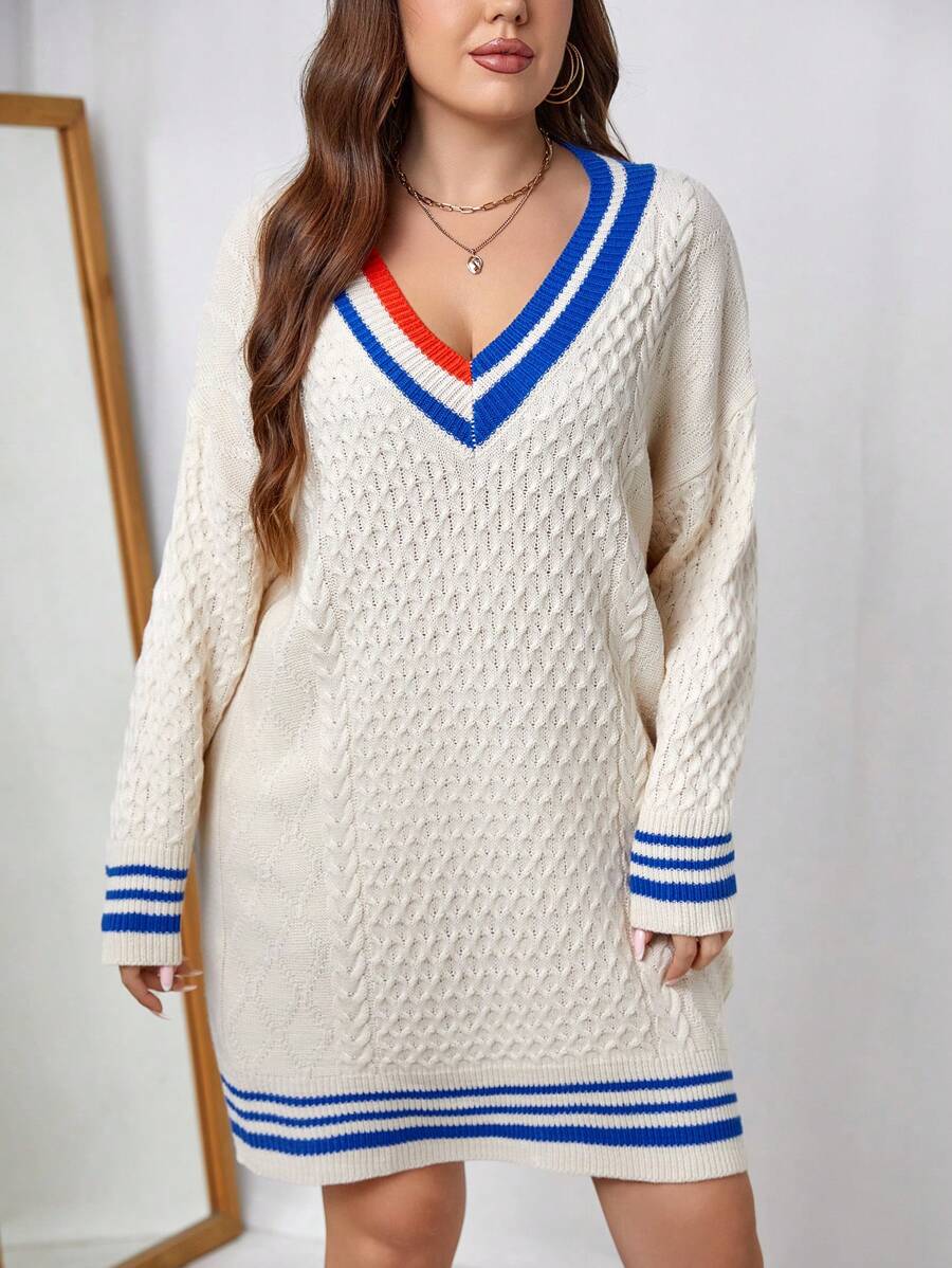 SHEIN Unity Plus Striped Trim Drop Shoulder Cricket Sweater Dress - Multicolor - View 1